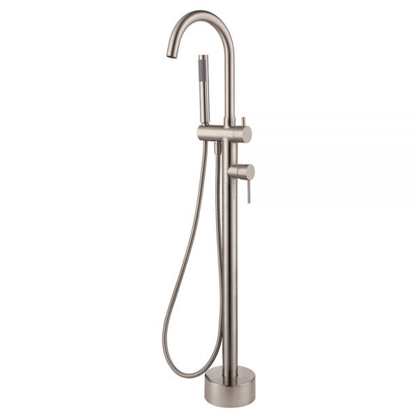 Fienza Kaya Floor Mounted Bath Mixer With Hand Shower, Brushed Nickel